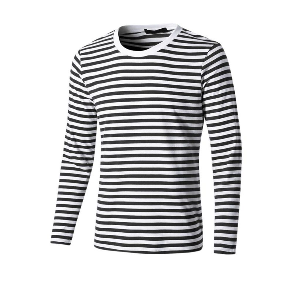 Striped T Shirt Crew Neck Long Sleeve Casual Cotton Pullover Tee Top White Black